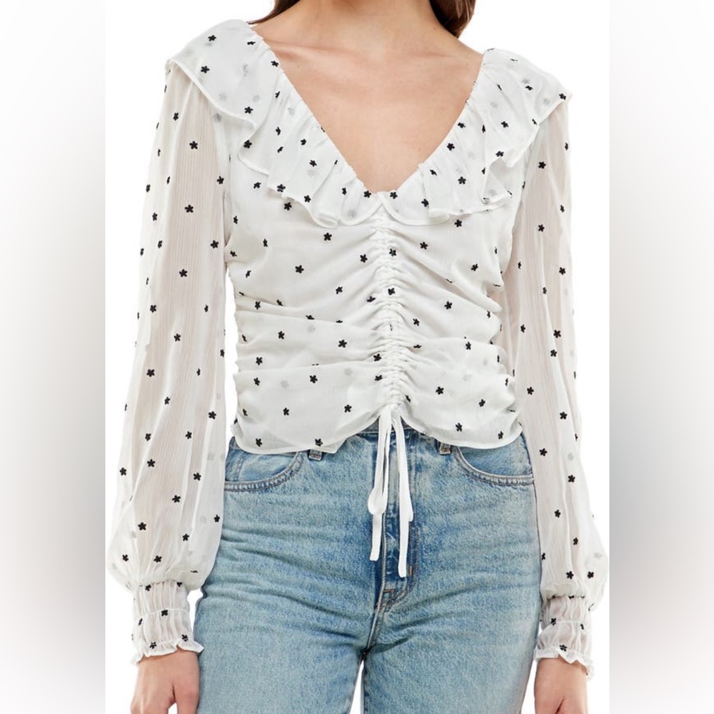 WAYF Liz Ruched Ruffles V-Neck Blouse